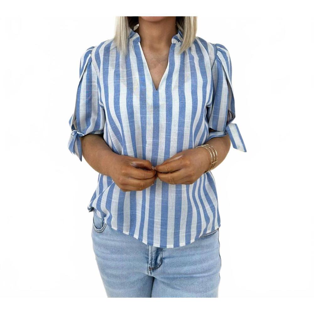 THML Blue and White Striped Short Sleeve Tie-Sleeve Blouse